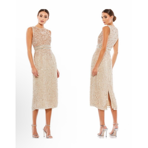 Mac Duggal 10509 Midi Sequin Sheath Dress High Neck Sleeveless Nude Size 4 NWT - Picture 1 of 16